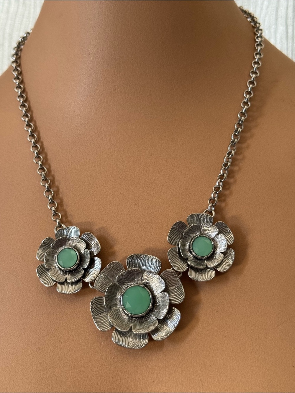 LIA SOPHIA Silver Floral Statement Necklace with Mint Green Centers
